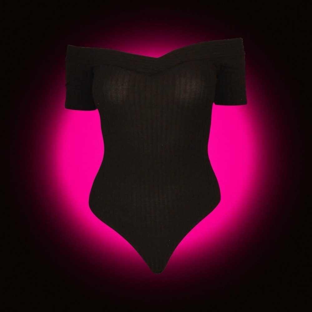 Black off the shoulder ribbed bodysuit